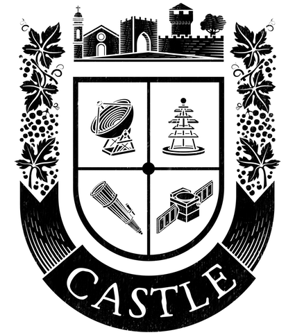 The logo of CASTLE resembles a heraldic coat of arms. The field of the escutcheon (shield) is party per cross (divided into four quarters), each of them carrying a charge (image or symbol) exemplifying a type of instrument used to observe the cosmos. To represent the synergic effort that inspired CASTLE, counter-clockwise from top right we have: an antenna, for low-frequency radio observations; a dish, for other radio frequencies and microwaves; a telescope, for infrared to ultraviolet wavelenghts; and a satellite, for the X-ray and the gamma-ray energy bands.  The mural crown above the shield in fact reproduces the skyline of the village of Tagliolo, with the Castle's 30 m tall IXth century main tower at the centre, the gate and the parish curch bell tower.  Around the shield, two vine branches—epitomising the winemaking vocation of the area—and a banderole—displaying, instead the usual motto, the conference acronym—form the shape of a 'U', standing for 'Universe'.  The logo of CASTLE has been manifactured by Eleonora Casetta, an illustrator and graphic designer from Turin (Italy), whose husband happens to be Stefano Camera.